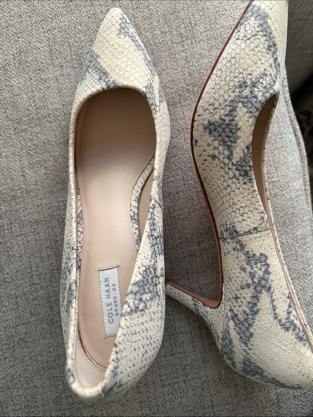 Cole Haan Cream and Gray Snake-Print Pointed Toe Pumps